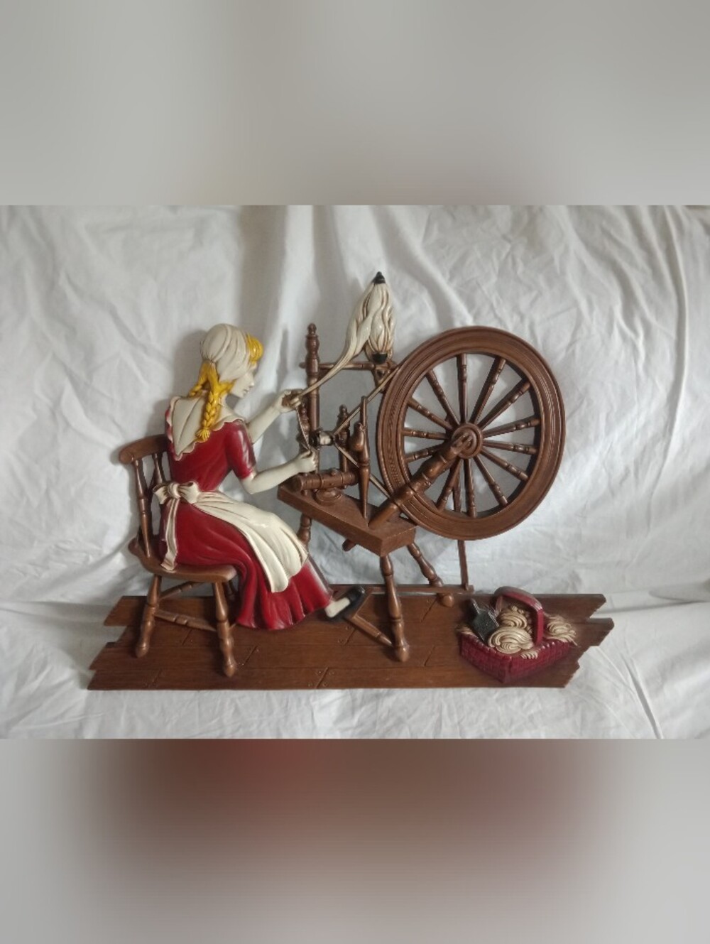 Vintage 1971 Syroco Lady Spinning Wool Into Thread Wall Decor